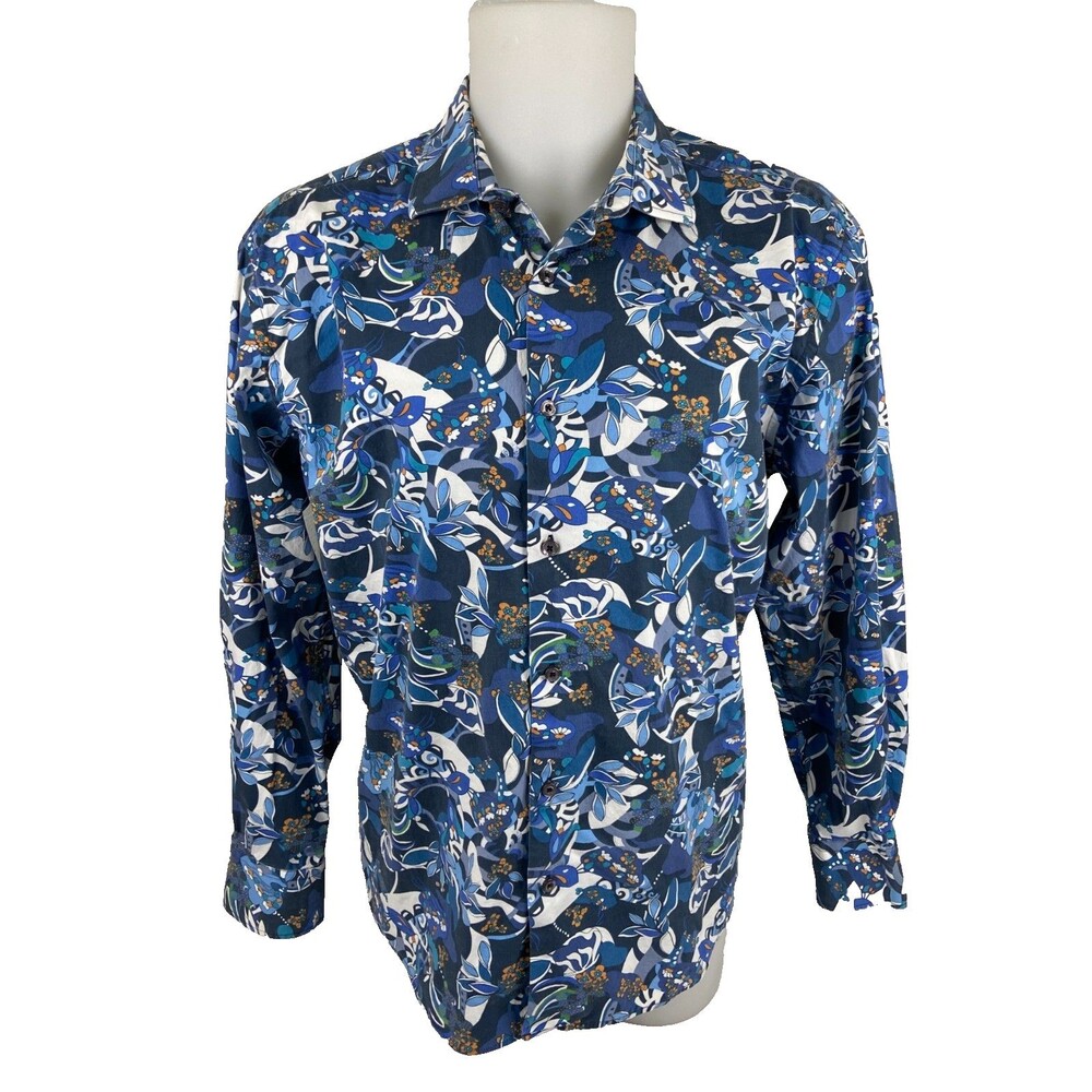 Kolte Men XL Long Sleeve Shirt Blue White Floral Geometric Casual Colorful
